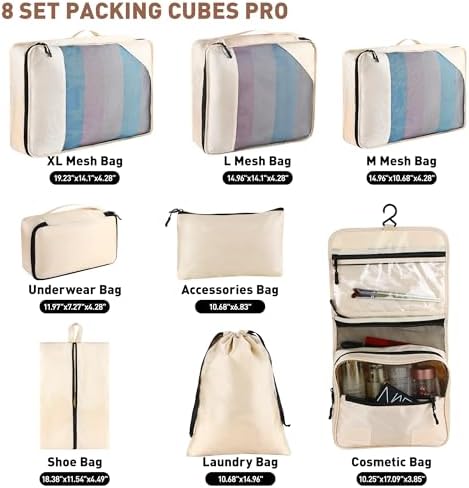 8 Set Packing Cubes for Travel Women Men Kids, Mesh Suitcase Organizer Bags Set for Luggage, 4 Sizes Extra Large, Large, Medium, Small, Travel Camping Essentials Accessories, Beige - Image 2