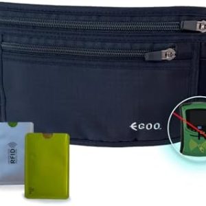 EGOO - Ultralight RFID Money Belt with Adjustable Elastic Strap for Travel Hidden Security Waist Money Pouch with Multi-Pocket + 3 RFID Card Protector Sleeve (Black)
