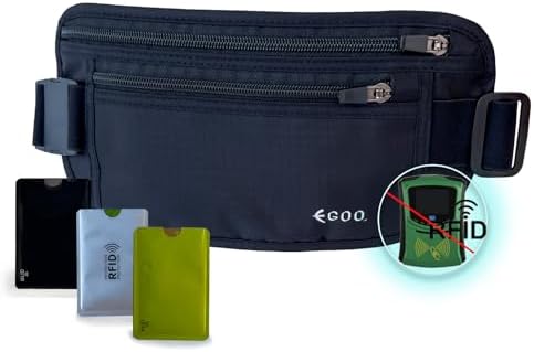 EGOO - Ultralight RFID Money Belt with Adjustable Elastic Strap for Travel Hidden Security Waist Money Pouch with Multi-Pocket + 3 RFID Card Protector Sleeve (Black)