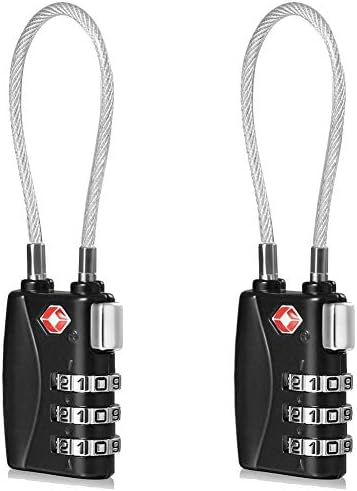 CFMOUR TSA Locks - 1, 2, 3, 4, 5, 6 Pack 3-Dial Security Cable Travel Combination Padlock for Suitcase Luggage Case Bag Code Lock - Black (Pack of 2)