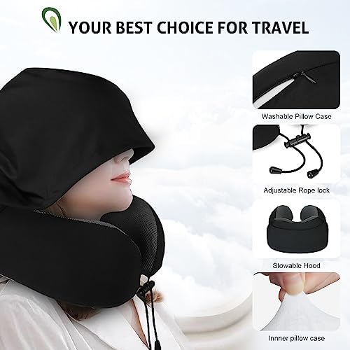 Travel Pillow for Neck Memory Foam, Hooded Travel Neck Pillow for Adults, Comfortable Neck Pillow for Travel with Hoodie, Flight Pillow, Airplane Pillow, Travel Cushion for Plane Car Train - Image 7