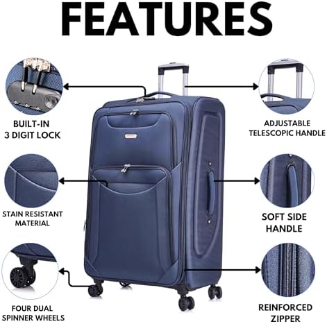 24" Medium Super Lightweight 4 Wheel Suitcase Luggage Expandable with Wheels Navy - Image 3