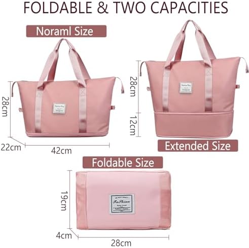 Flintronic Duffel Bag, Foldable Overnight Weekend Bags for Women, Lightweight Hospital Bag with Wet and Dry Separation Bag, Large Holdall/ Cabin Bag for Gym, Sports and Travel - Pink - Image 2