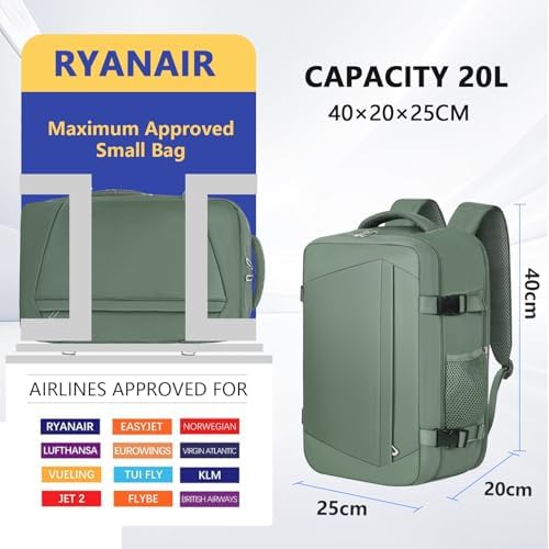 Cabin Bags 40x20x25 for Ryanair Underseat Carry-Ons Travel Bag - Hand Luggage Backpack Cabin Bag Small Size 20L - Office Daypack School Bag (Green) - Image 2