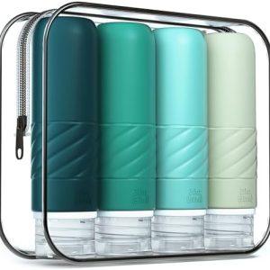 Gemice Travel Bottles for Toiletries, CAA Approved 90ml Silicone Travel Bottles, Leak Proof Squeezable Travel Size Containers, Travel Essentials for Lotion Soap Liquid Shampoo, BPA Free(4 Pack)