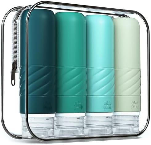 Gemice Travel Bottles for Toiletries, CAA Approved 90ml Silicone Travel Bottles, Leak Proof Squeezable Travel Size Containers, Travel Essentials for Lotion Soap Liquid Shampoo, BPA Free(4 Pack)
