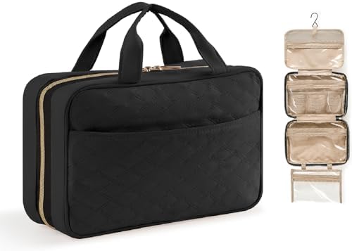 Lifewit Travel Toiletry Bag, Large Hanging Makeup Bag Organizer for Women, Transparent Travel Cosmetic Bag with Hanging Hook for Full Size Bottles, Vacation Essentials, Medium, Black