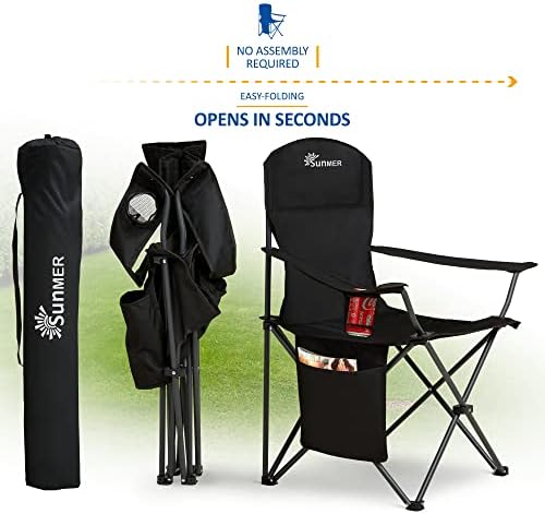 SUNMER Set of 2 Folding Camping Chairs, Extra-Wide Lightweight Outdoor Chairs with Armrests, Cup Holder and a Side Pocket, 120kg Capacity per Chair - Black - Image 6