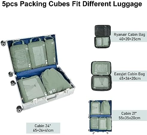 ECOHUB 5 Set Compression Packing Cubes for Suitcases Organiser Bags Travel Accessories with Shoes Bag Tear-resistant Travel Cubes with ID Tag Expandable Packing Bags(Green) - Image 7