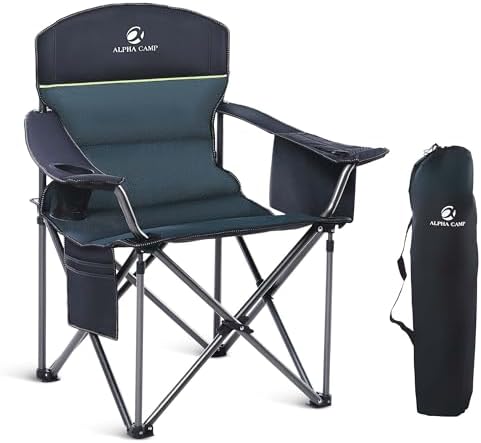 ALPHA CAMP Camping Chairs for Adults Heavy Duty Camping Chair Up to 200 kg Folding Camp Chair with Cup Holder and Cooler Bag for Outdoor Picnic Fishing, Lightweight and Portable, Green