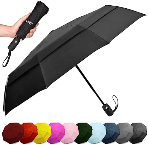 EEZ-Y Compact Travel Umbrella w/Windproof Double Canopy Construction - Auto Open Close Button for One Handed Operation - Sturdy Portable and Lightweight for Easy Carry