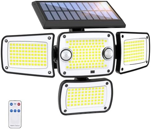 Solar Lights Outdoor, 4 Heads Motion Sensor Light with Remote Control, 342 LEDs Waterproof Security Light with 2 Motion Sensors, 3 Modes Flood Lights for Garden Backyard House Outside