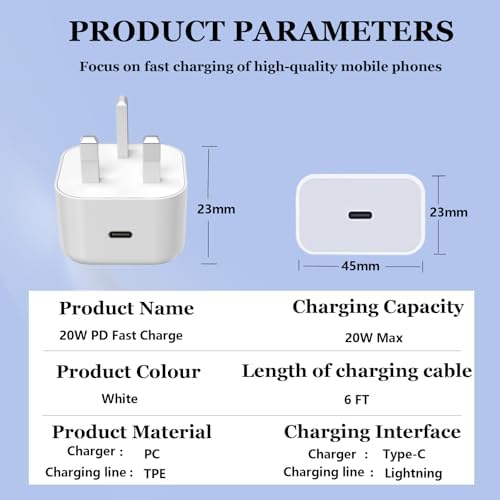2Pack MFi Certified 20W USB C Fast Charger, UK Plug with 6FT Lightning Cable for iPhone 14/13/12/11/XR/8/ Pro Max iPad Mini 6, iPad Air - Image 3