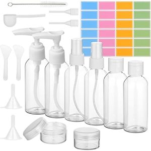 flintronic 6Pack Transparent Travel Bottles, 80ML Refillable Travel Bottles, Travel Bottles Set for Toiletries Shampoo Cosmetic Liquid with 2*Cream Box,2*Dropper,2*Funnel,2*Sheet Label,1*Brush
