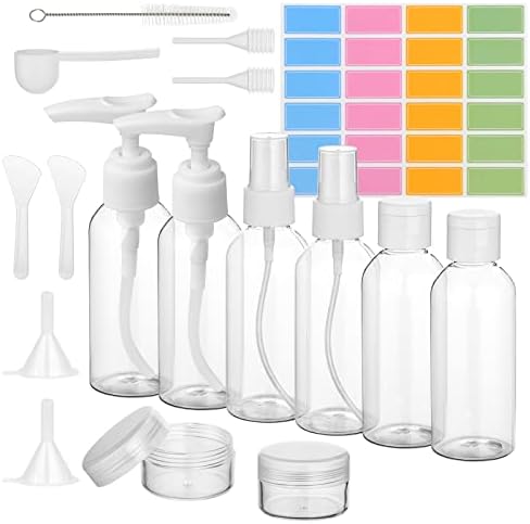 flintronic 6Pack Transparent Travel Bottles, 80ML Refillable Travel Bottles, Travel Bottles Set for Toiletries Shampoo Cosmetic Liquid with 2*Cream Box,2*Dropper,2*Funnel,2*Sheet Label,1*Brush
