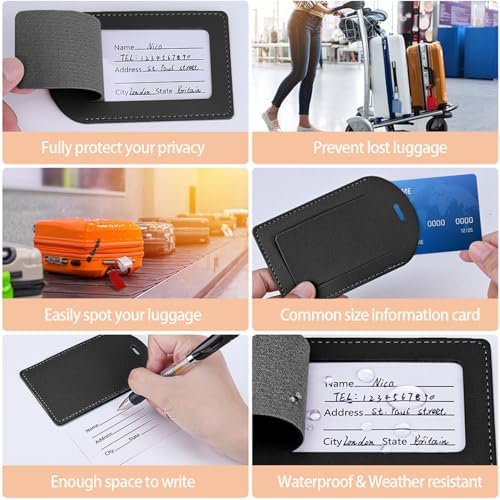 Luggage Tags, 6 Pcs Leather Suitcase Labels Travel Luggage Tag with Name ID Card Baggage Labels Tags for Luggage Bags Backpacks Cruise Waterproof Travel Accessories(Black) - Image 4