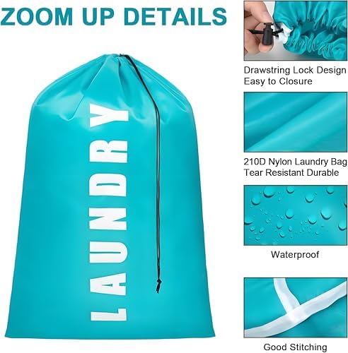 2 Pack Large Laundry Bags, 24" x 36" Portable Laundry Bags with Drawstring Cord, Ideal for Travel, Home, Dormitory, and Camping Use (Cyan + Pink) - Image 4