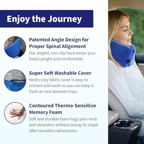 Travelrest Nest Memory Foam Travel Neck Pillow, Advanced Support for Long Flights, Patented Design for Optimal Relaxation, Compact, Ergonomic, and Washable, On-the-Go and Attacthes to Luggage Blue - Image 4