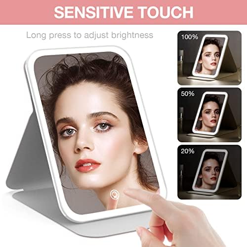 Kintion Travel Makeup Mirror, Portable LED Lighted Makeup Mirror, 360° Rotation Touch Screen, 3-Color Dimmable Lighting, Rechargeable Tabletop Folding Vanity Mirror, Pink - Image 4