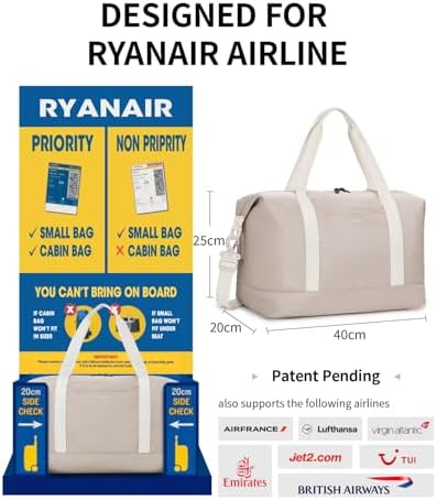 ECOHUB Ryanair Cabin Bags 40x20x25, 20L Underseat Hand Luggage Bag, Foldable Carry On Bag with Removable Wet Pocket, Water-Resistant Overnight Hospital Weekend Bag for Women, Beige (Patent Pending) - Image 2