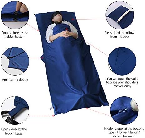 MYCARBON Travel Sleeping Bag Liner, 100% Cotton Durable and Super Soft 220 x 90 cm Roomy Travel Sheet Portable Lightweight for Camping Bed Bag, Hostels, Coaches, Picnic, Trains with Pillow Pockets - Image 3