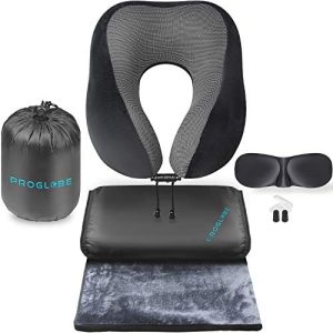 Travel Blanket Luxury Travel Set, Ergonomic Airplane Neck Pillow 100% Memory Foam and Super Soft Fleece Blanket, Premium 3D Sleep Mask & Earplugs, Black