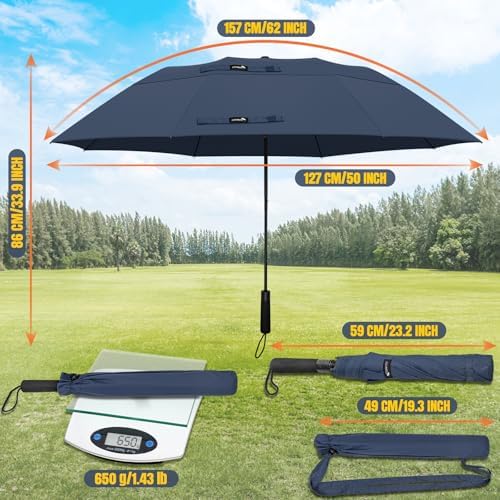 Golf Umbrella 62 inch - Umbrellas Windproof Strong Folding Umbrella Portable for Travel,Extra Large Compact Umbrella Double Canopy Vented for Men Women - Image 3