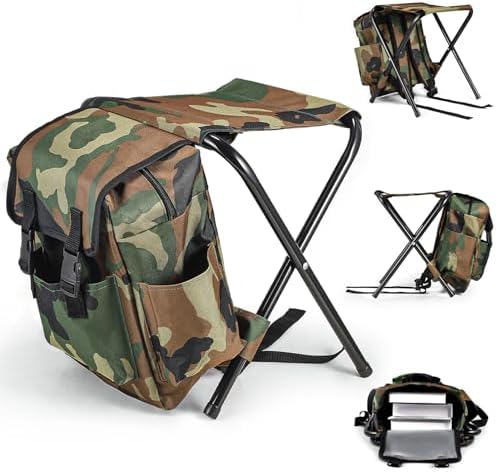 Backpack Chair, 2 in 1 Folding Camping Chair with Backpack Waterproof, Foldable Fishing Tackle Bag with Stool Seat 100kg Max, 10L Backpacking Fishing Stool for Hiking Picnic Travel