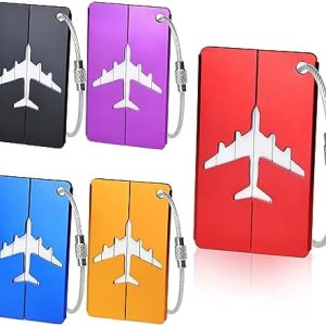 5 Pcs Luggage Tags, Aluminium Suitcase Tags with Steel Loop and Waterproof Name ID Card for Travel Bag, Checked Luggage, Suitcases, Laptop Bags, Backpacks (7.5 x 4.5 cm, 5 Colours)
