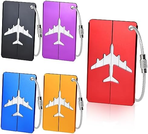 5 Pcs Luggage Tags, Aluminium Suitcase Tags with Steel Loop and Waterproof Name ID Card for Travel Bag, Checked Luggage, Suitcases, Laptop Bags, Backpacks (7.5 x 4.5 cm, 5 Colours)