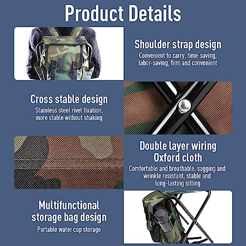 Fishing Stool Folding Camping Chair with Backpack Waterproof Portable Rucksack with Seat 100kg Max Load for Hiking Fishing Picnic Travel - Image 3