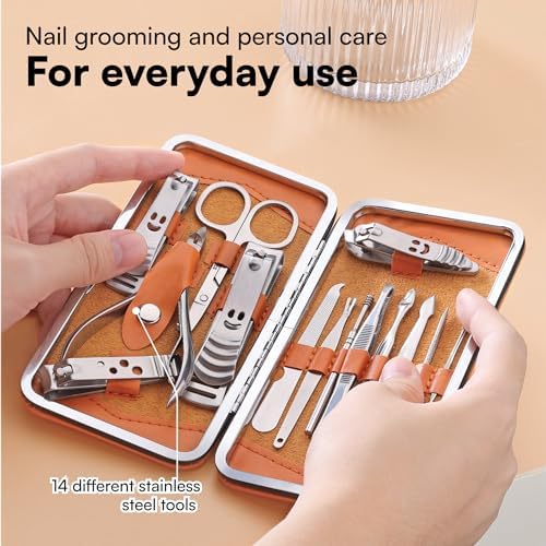 H&S Manicure Set for Women & Men - Manicure & Pedicure tools & Accessories - 14 pcs - Stainless Steel Nail Clippers Set & Cuticle Remover - Cutter Trimming Grooming Tools - w/Leather Case - Nail Kit - Image 2