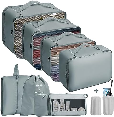 Jsdoin Packing Cubes for Suitcase, 9PCS Luggage Packing Organizers, Waterproof Travel Essentials Bag, Accessories (Grey)
