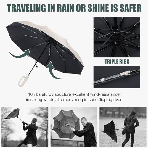 Ring Buckle Umbrella,Compact Folding Travel Umbrella for Rain & Sun, Automatic Open Close,10 Ribs, Portable Umbrella for Men and Women - Image 3