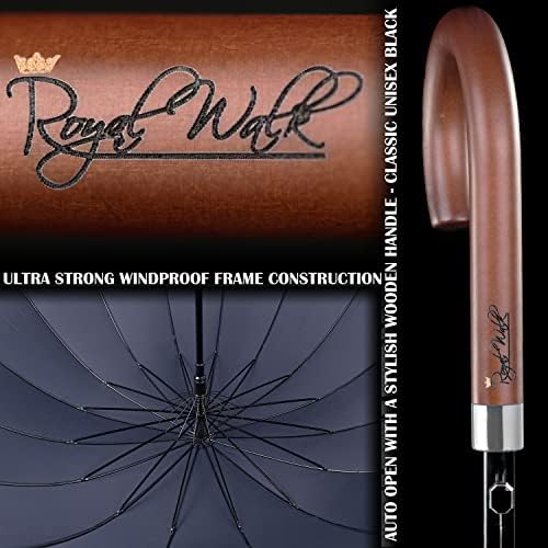 Royal Walk Windproof Umbrella Black Large 54 Inch Automatic Open for 2 Persons Stormproof for Men Women Classic Wooden Handle Lightweight Waterproof Durable Strong 16 Ribs Travel Golf 120cm Navy Blue - Image 2