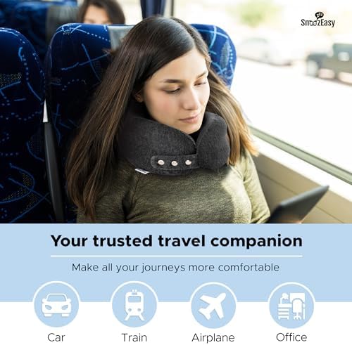 SnoozEasy™ Travel Pillow for Adults | High-Density Memory Foam Neck Pillow for Airplane | Adjustable Flight Travel Cushion with Eye Mask, Ear Plugs, Carry Bag & Carabiner Clip | UK Brand - Image 7