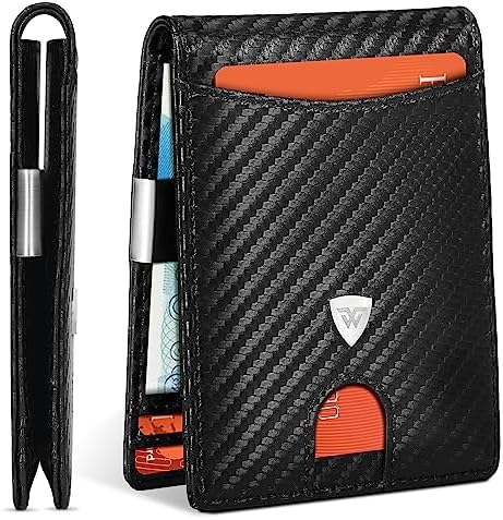 Wallets Mens Slim RFID Blocking Carbon Fiber Leather Wallets for Men UK with up to 12 Credit Card Slots, Strong Money Clip, Minimalist Bi-Fold Mens Wallets with Gift Box - Black