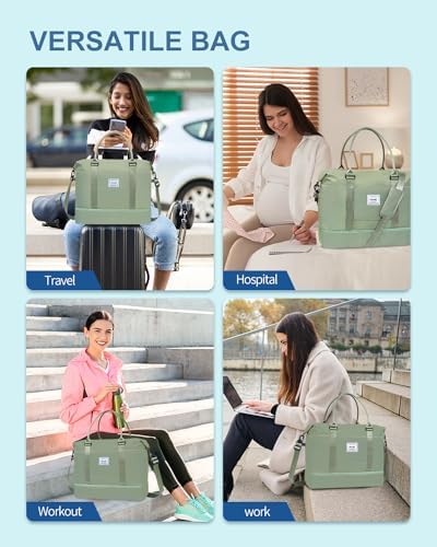 BAGAIL Travel Duffel Bag with Extra Bottom Storage, Wet and Dry Separation, Ideal Weekender Bags, Gym Carry On Tote Bag and Hospital Mom Bag - Olive Green - Image 7