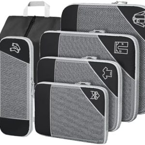 6 PCS Compression Packing Cubes, Black Extensible Ultralight Packing Cubes for Suitcases, Suitcase Organiser Bags Set, Travel Cubes Organiser Bags Packing Cubes for Suitcases Backpack Luggage