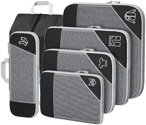 6 PCS Compression Packing Cubes, Black Extensible Ultralight Packing Cubes for Suitcases, Suitcase Organiser Bags Set, Travel Cubes Organiser Bags Packing Cubes for Suitcases Backpack Luggage