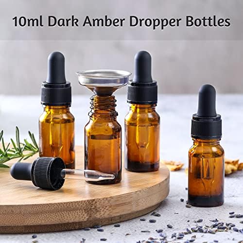 AOZITA 4 x 10ml Amber Brown Glass Bottles with Dropper Pipettes - Come with 1 Stainless Steel Funnel & 4 Lables - Tincture Dropper Bottles for Essential Oils, Aromatherapy Blends, Liquids - Image 2