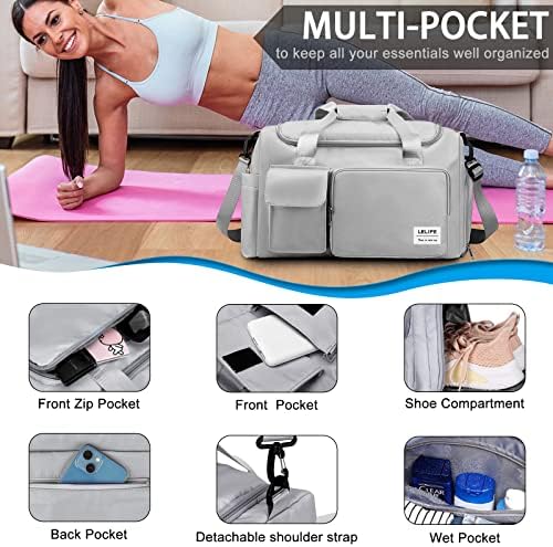 Gym Bag, Travel Bag with Wet Pocket, Portable Overnight Bags for Women, Waterproof Lightweight Gym Bag Mens for Weekender, Vacation(Grey) - Image 3