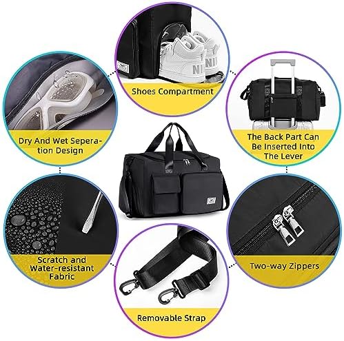FIORETTO Womens Mens Sports Gym Bag Duffle Bag with Shoes Compartment, Weekend Travel Bag Overnight Bag for Women, Water Resistant Holdall Hospital Bag for Swimming Black - Image 4