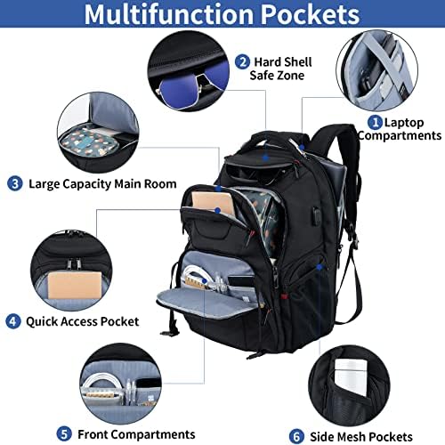 VANKEAN 17.3'' Travel Laptop Backpack TSA Friendly, Water Resistant Anti Theft Extra Large Backpack with RFID Pockets College Backpacks with USB Port for Men Women School Business Work Bag, Black - Image 5