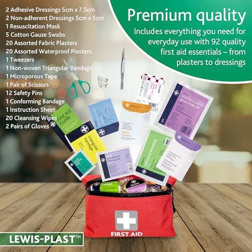 Lewis-Plast Premium 92 Piece First Aid Kit - Safety Essentials for Travel, Car, Home, Camping, Work, Hiking & Holiday Red , Small - Image 4