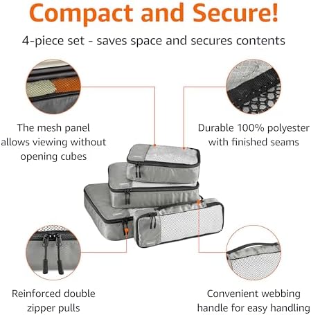 Amazon Basics Packing Cubes for Suitcases, Travel Organisers, Zipper, 4-Piece Set Bags, Large/Medium/Small/Slim, Gray - Image 2