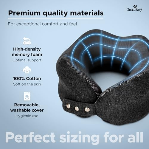 SnoozEasy™ Travel Pillow for Adults | High-Density Memory Foam Neck Pillow for Airplane | Adjustable Flight Travel Cushion with Eye Mask, Ear Plugs, Carry Bag & Carabiner Clip | UK Brand - Image 6