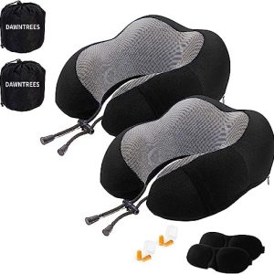 DAWNTREES 2 pack Travel Pillow Neck Support,Pure Memory Foam Neck Pillows for Travel Airplane, Business Trip with Luxury Bag, Travel Kit with 3D Contoured Eye Masks, Earplugs.……