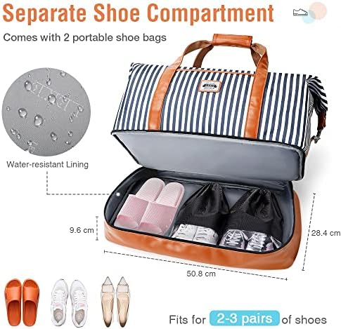 Lekesky Weekend Travel Bags for Women - 50l Foldable Overnight Bag with Shoes Bags & Toiletry Bag & Shoes Compartment, Travel Holdall Bag for Airlines, Maternity Hospital Bag (Striped,50.8*28.4*33cm) - Image 3