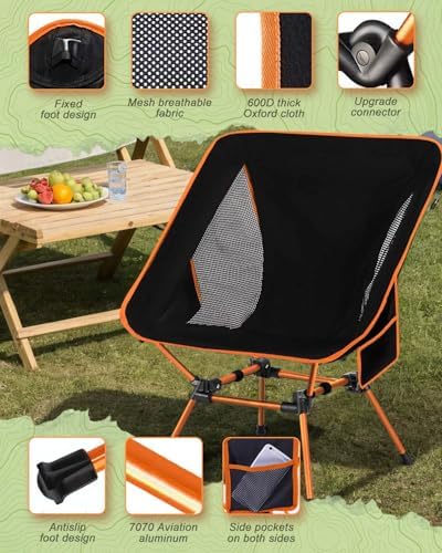 Ultra Lightweight Camping Chair for Adults, Portable Camping Chairs with Pocket & Carry Bag, Compact Heavy Duty Folding Chairs for Travel, Backpacking, Hiking, Picnics, Fishing (Orange) - Image 3